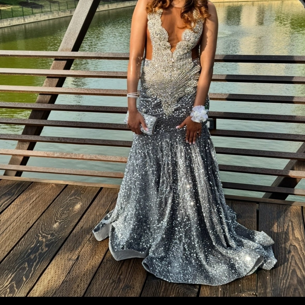 Elegant Silver Sequin Evening Gown